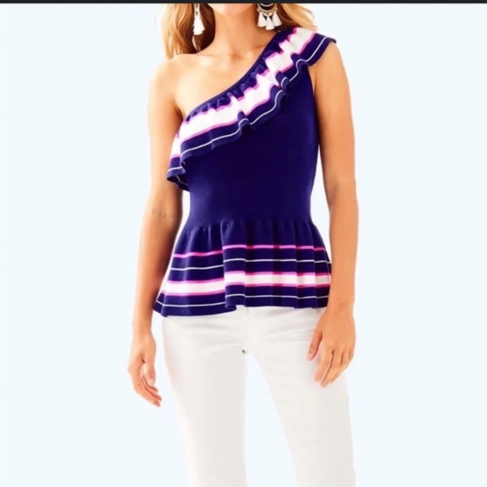 Lilly Pulitzer Blue and Pink One-Shoulder Top